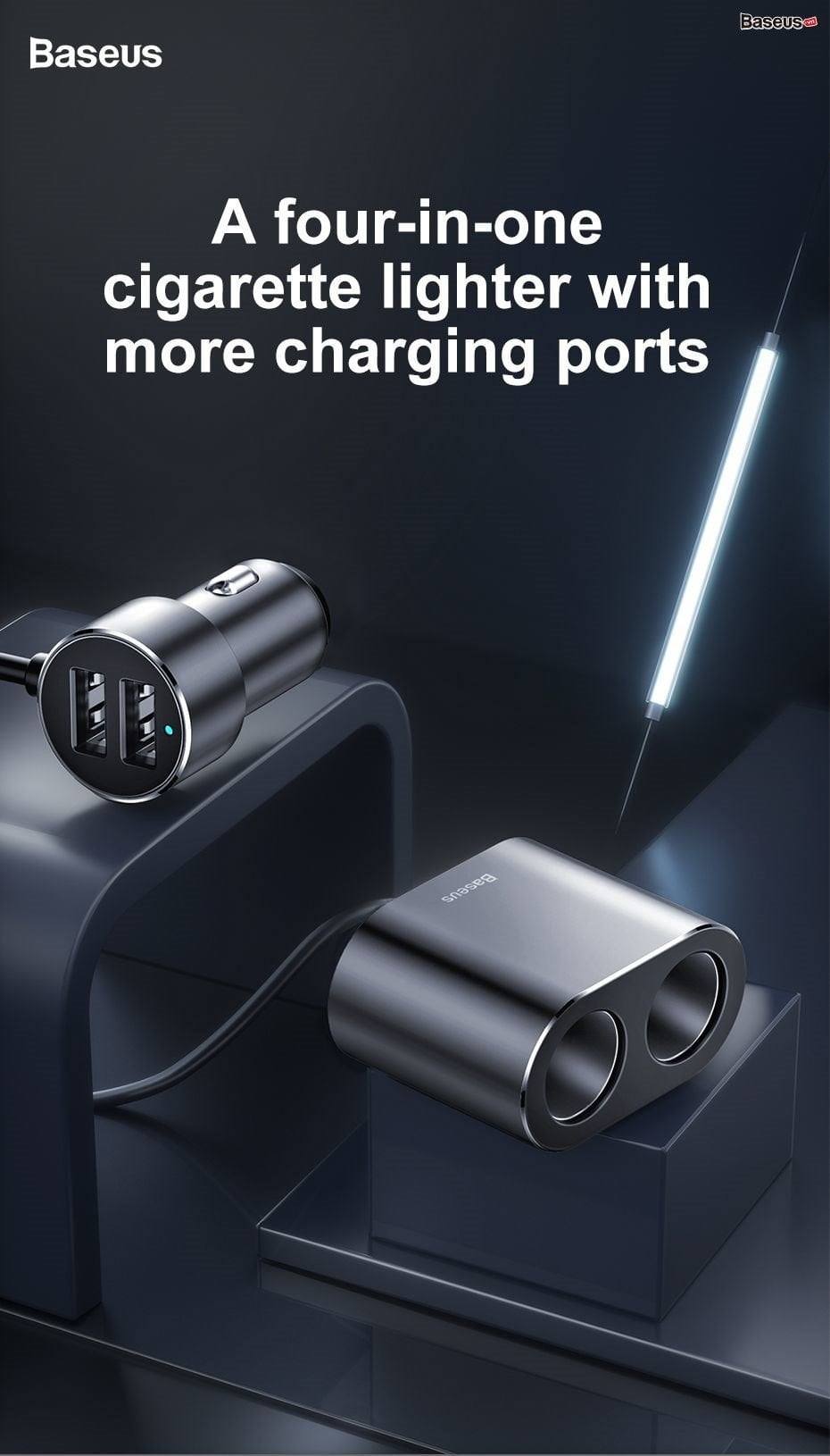 tẩu sạc đa năng tích hợp chia cổng sạc Baseus High Efficiency 1 to 2 Cigarette Lighter