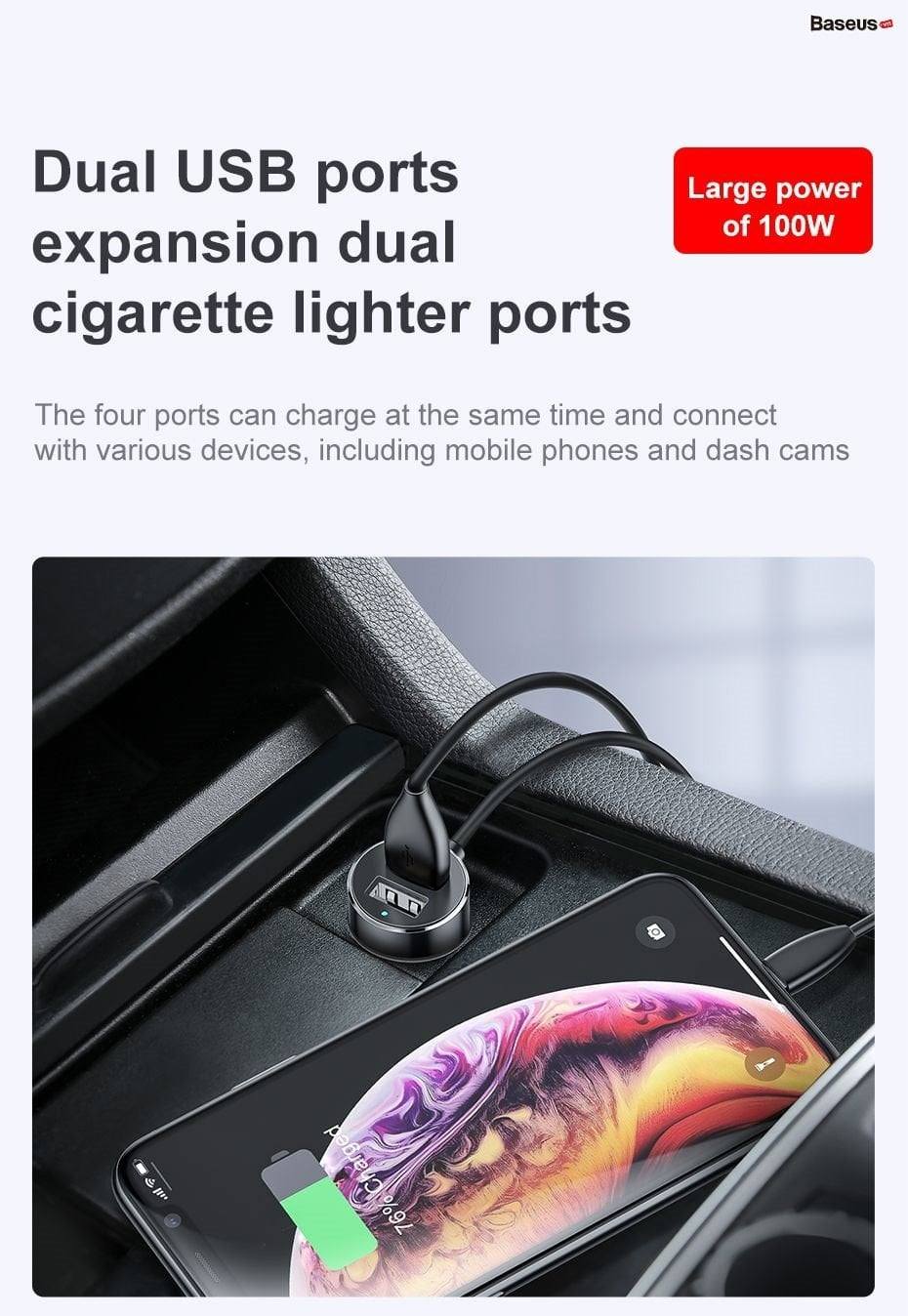 tẩu sạc đa năng tích hợp chia cổng sạc Baseus High Efficiency 1 to 2 Cigarette Lighter