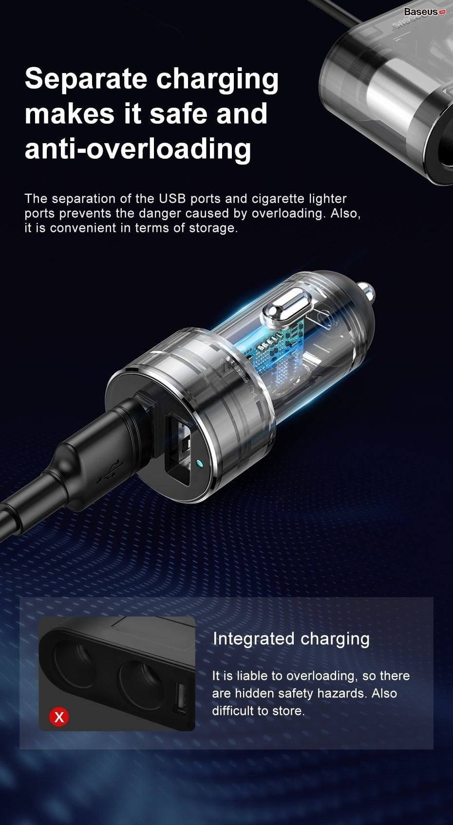 tẩu sạc đa năng tích hợp chia cổng sạc Baseus High Efficiency 1 to 2 Cigarette Lighter