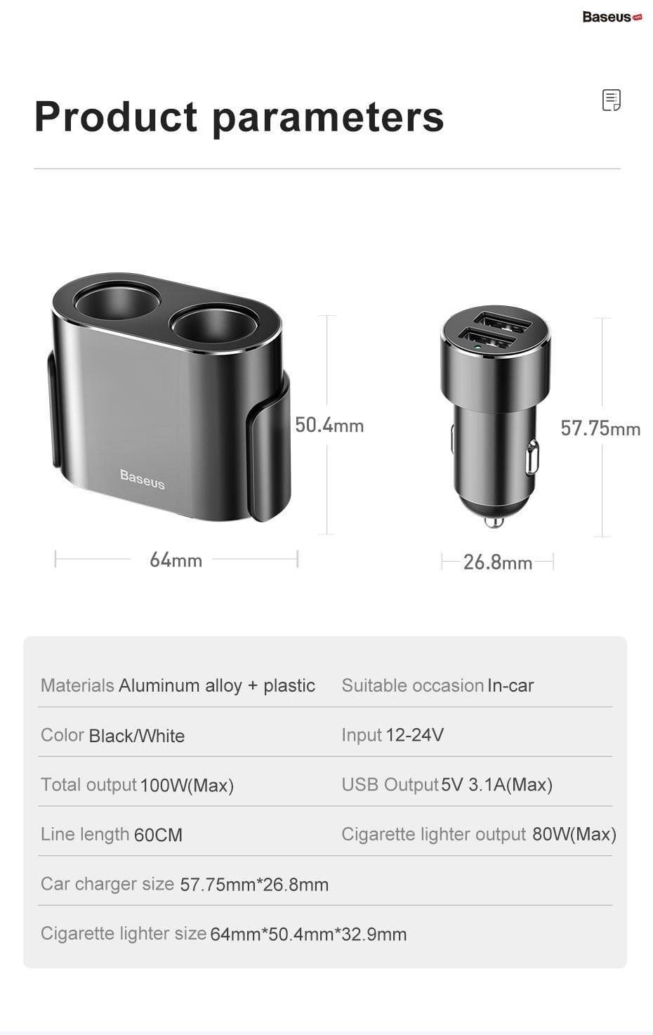 tẩu sạc đa năng tích hợp chia cổng sạc Baseus High Efficiency 1 to 2 Cigarette Lighter