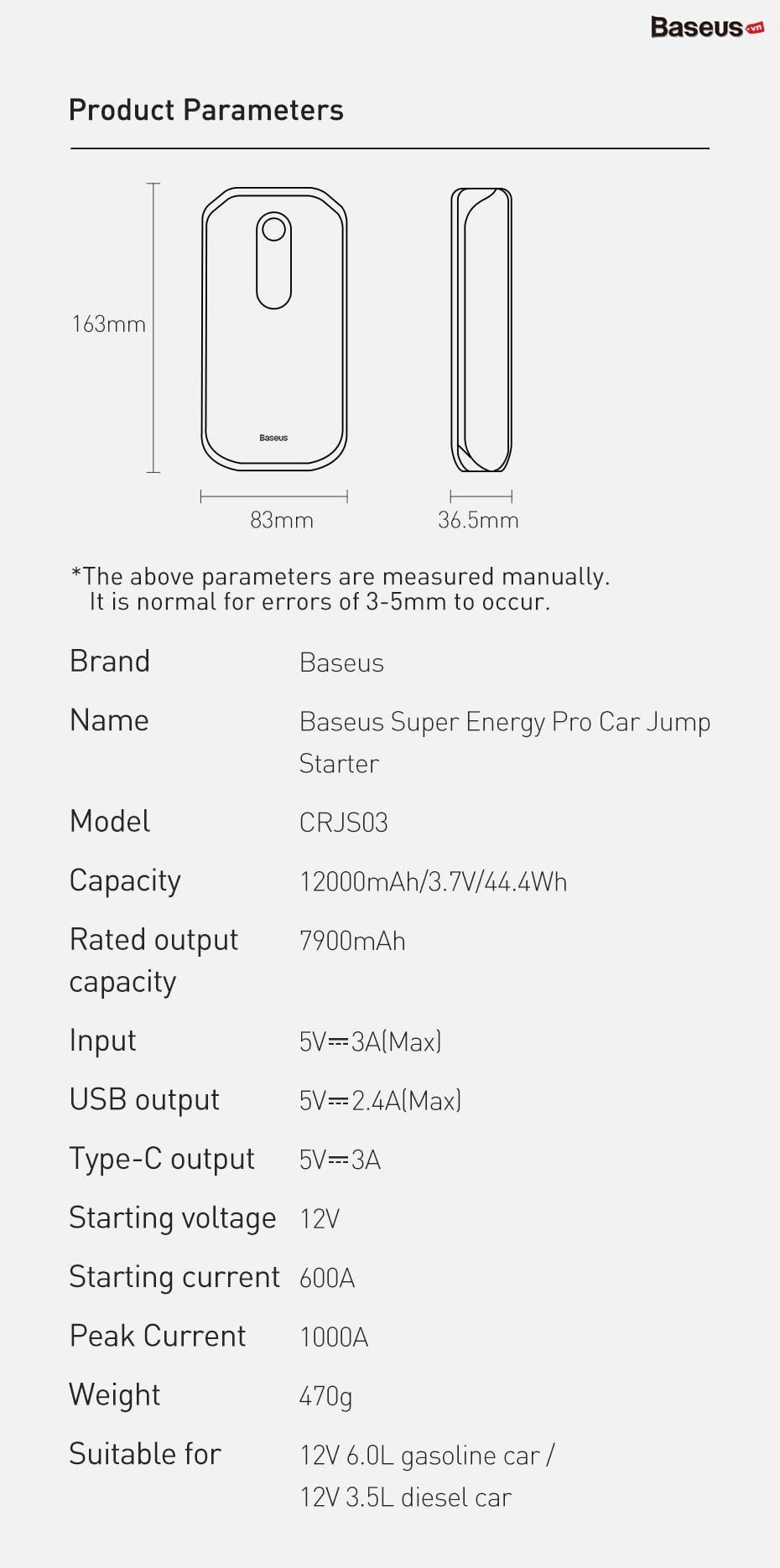 Bộ kích bình ô tô Baseus Super Energy pro 12000mAh