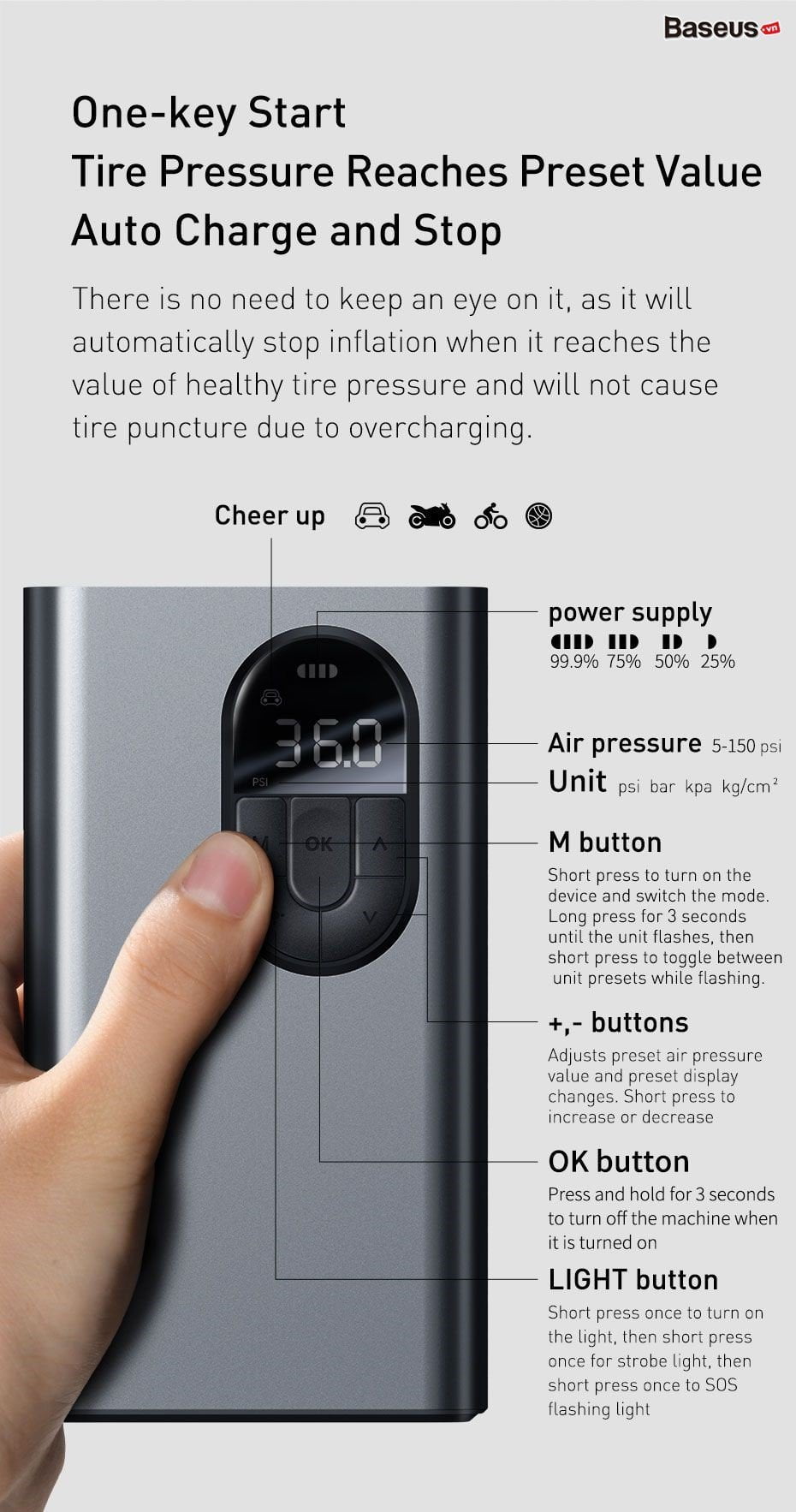Bơm Lốp Ô Tô Baseus 2500mAh sạc pin