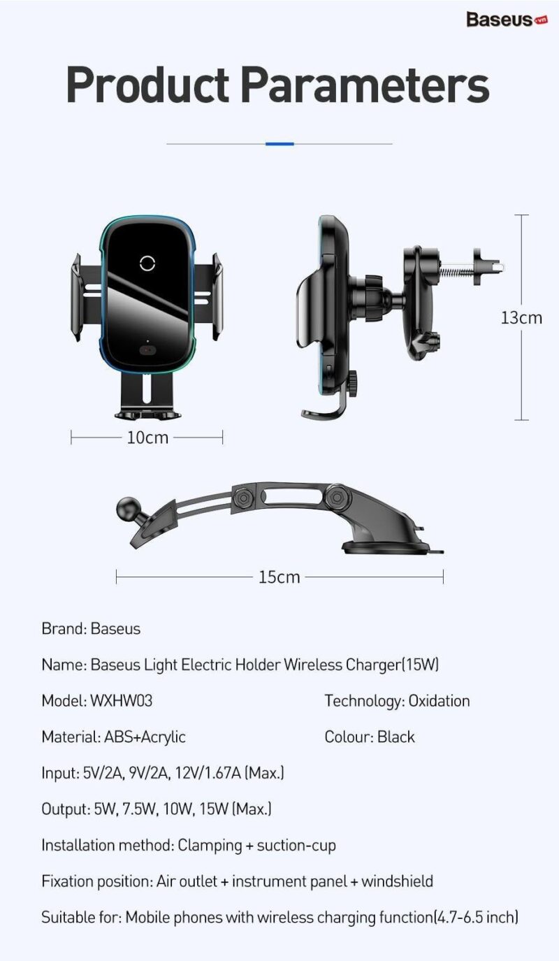 Giá Đỡ Điện Thoại Ô Tô Baseus Light Electric Holder Wireless Charger 15W