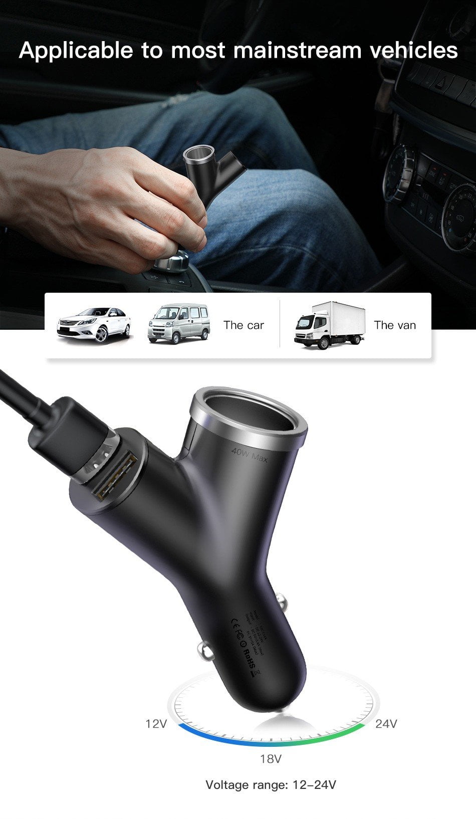 Tẩu Sạc Ô Tô 3 Trong 1 Baseus Y Type Dual USB