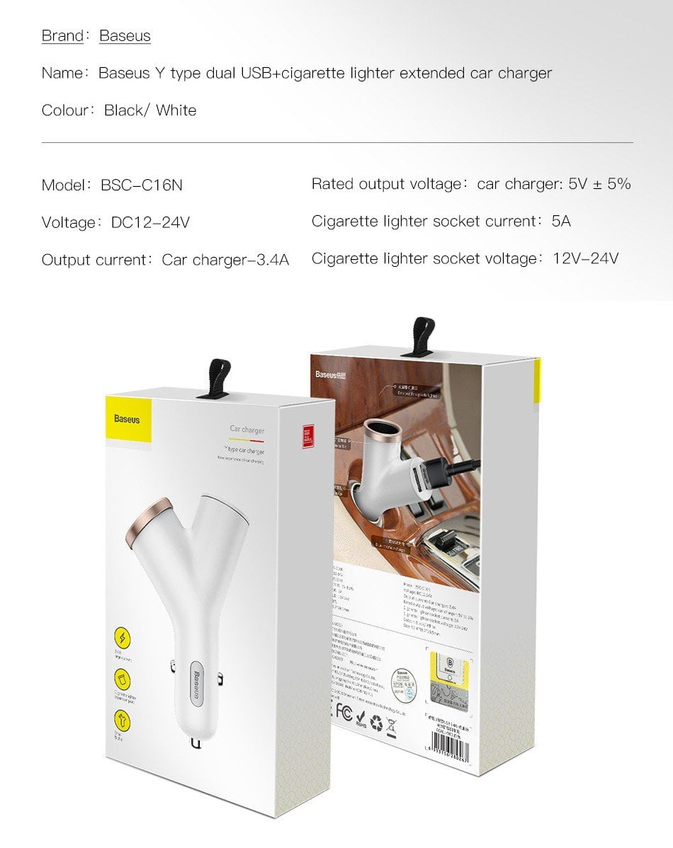 Tẩu Sạc Ô Tô 3 Trong 1 Baseus Y Type Dual USB